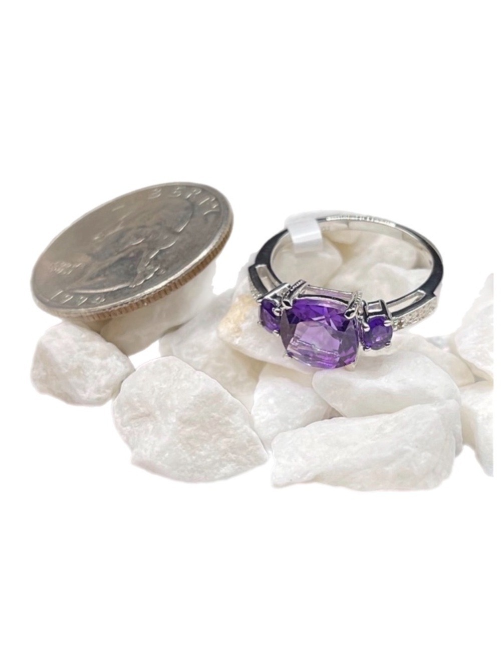 Amethyst 3 Stone 1.80 CTW Designer Ring Set in Sterling Silver: Size 7 NWT - Picture 6 of 17